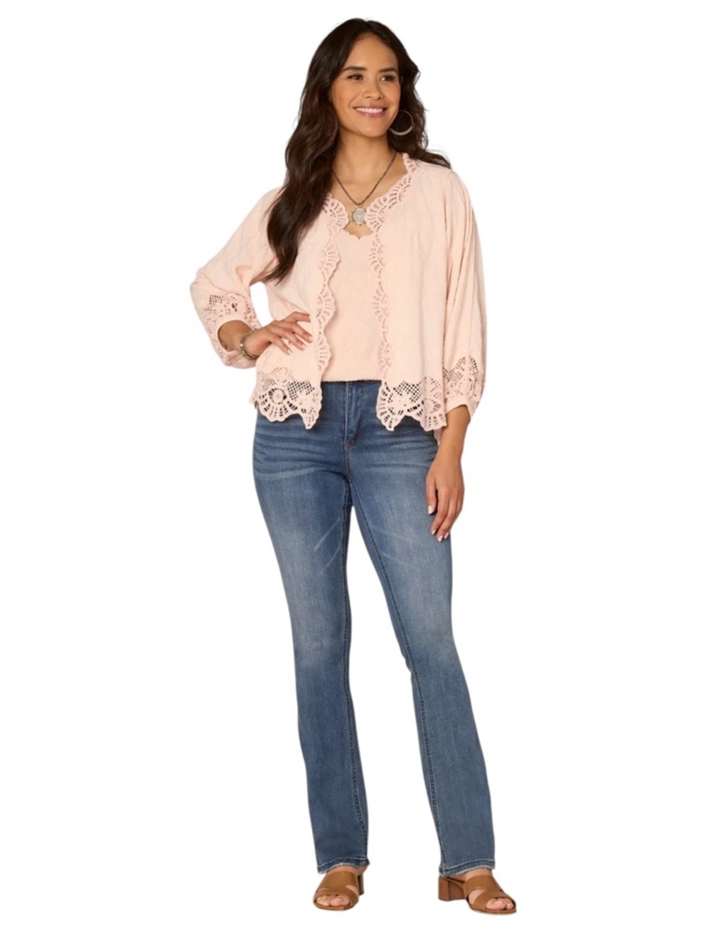 Democracy Blush Pink Crochet-Trim Cardigan Sweater - Picture 4 of 5
